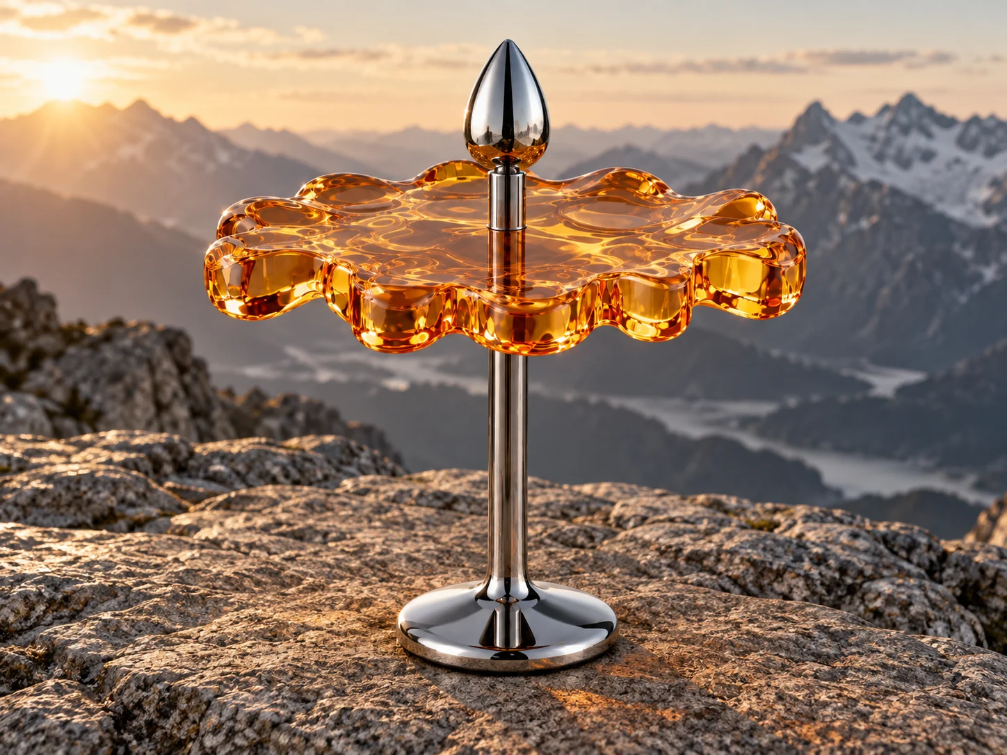 Amber BPS—01 conceptual stool, with a scalloped translucent seat and chrome pedestal, on a rocky alpine overlook