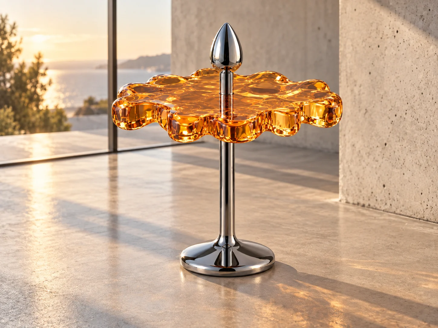Amber BPS—01 conceptual stool, with a scalloped translucent seat and chrome pedestal, in a modern architectural interior