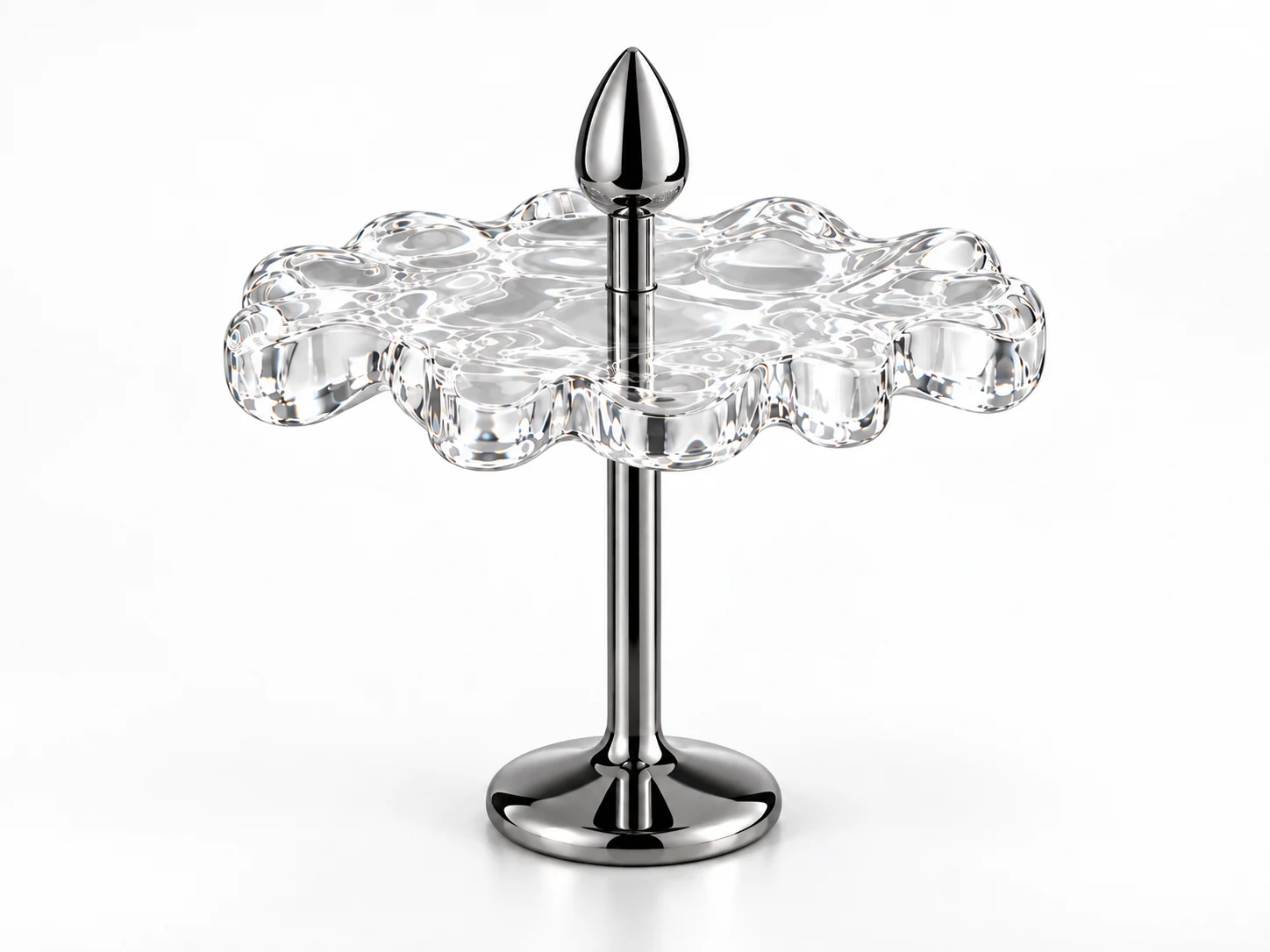 Clear BPS—01 conceptual stool, with a scalloped translucent seat and chrome pedestal, photographed in a studio
