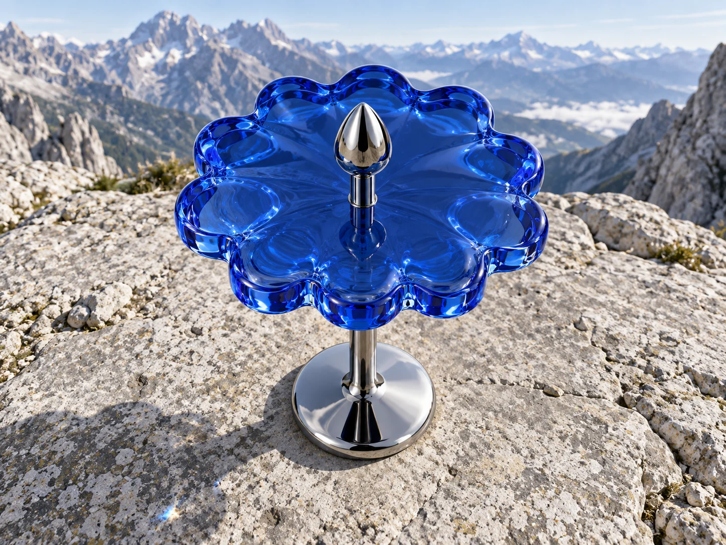 Cobalt BPS—01 conceptual stool, with a scalloped translucent seat and chrome pedestal, on a rocky alpine overlook