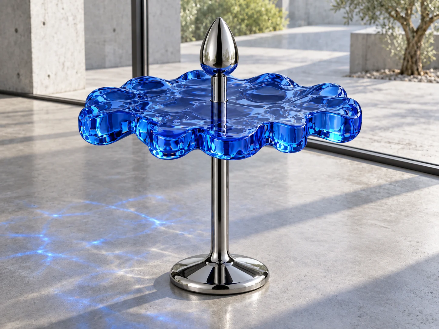 Cobalt BPS—01 conceptual stool, with a scalloped translucent seat and chrome pedestal, in a modern architectural interior