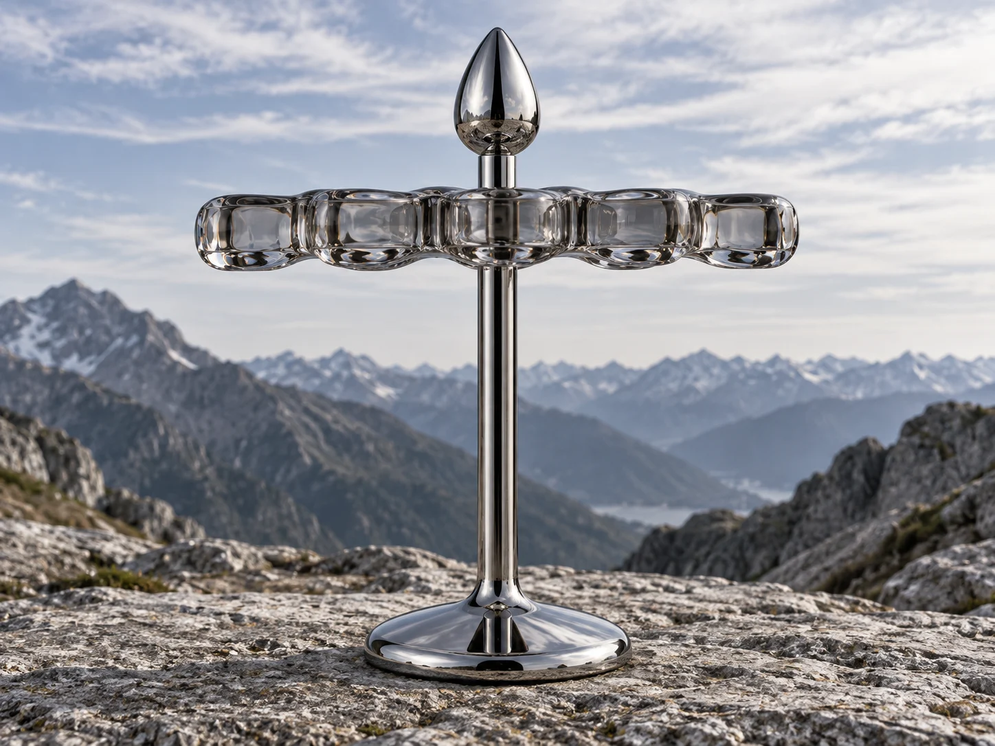 Smoke BPS—01 conceptual stool, with a scalloped translucent seat and chrome pedestal, on a rocky alpine overlook