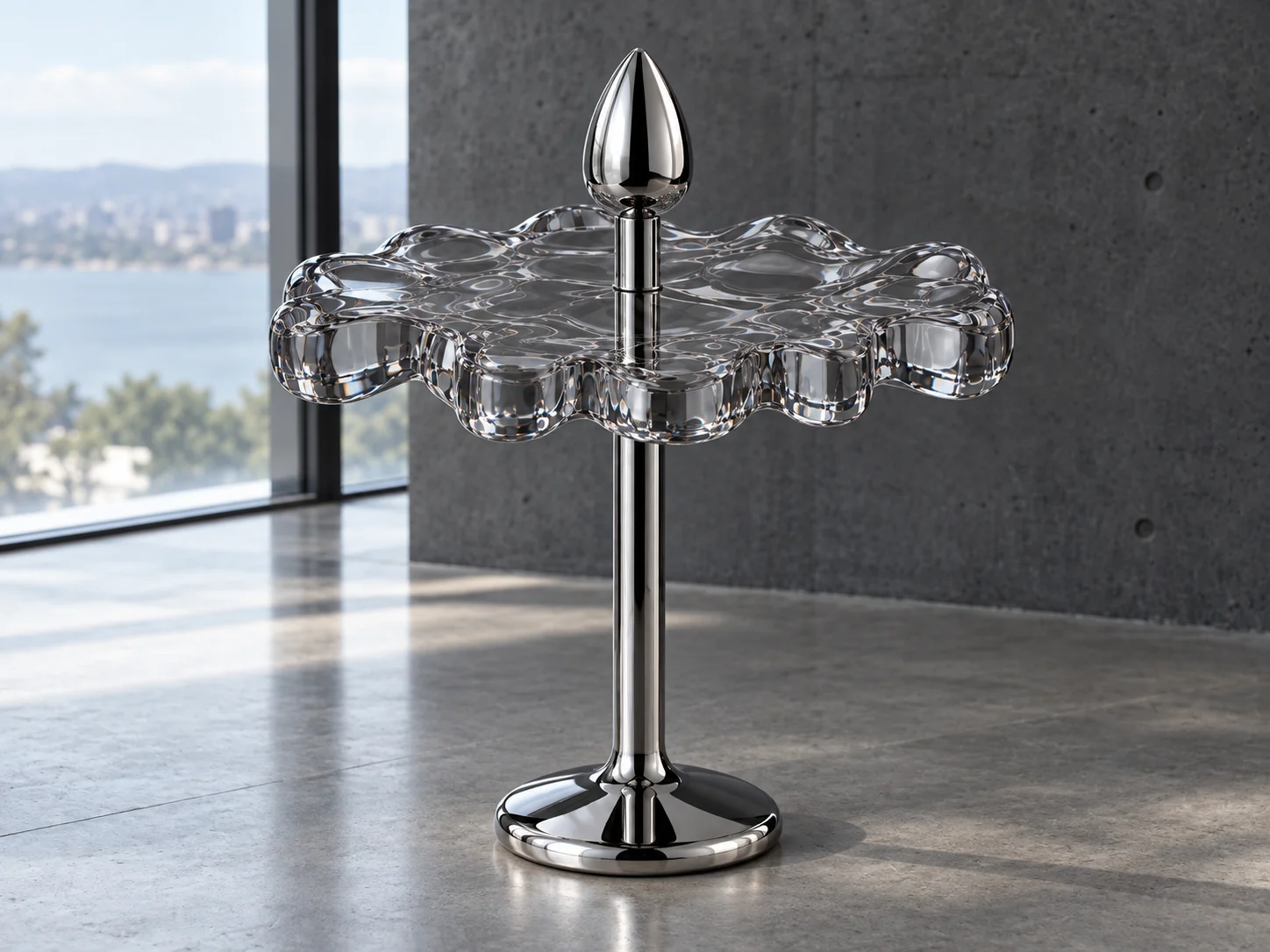 Smoke BPS—01 conceptual stool, with a scalloped translucent seat and chrome pedestal, in a modern architectural interior