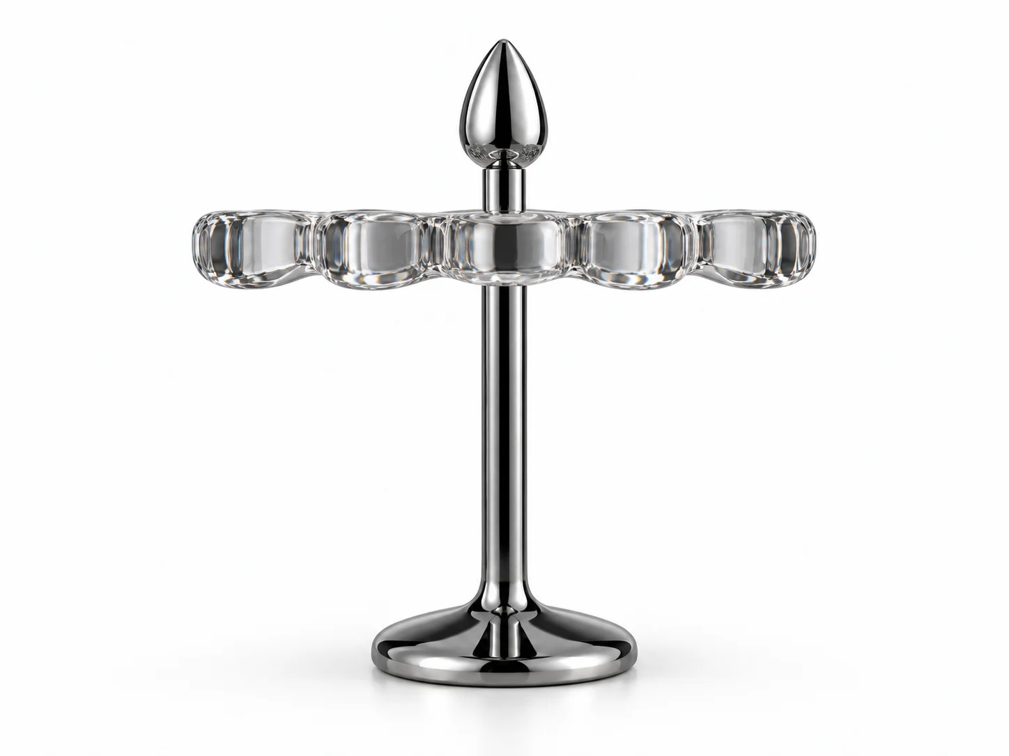 Smoke BPS—01 conceptual stool, with a scalloped translucent seat and chrome pedestal, photographed in a studio